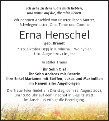 Traueranzeige von Erna Henschel von Naumburger Tageblatt