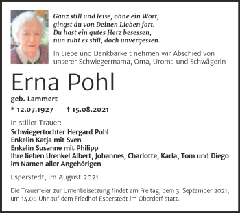 Traueranzeige von Erna Pohl von Trauerkombi Merseburg