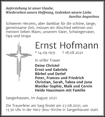 Traueranzeige von Ernst Hofmann von Trauerkombi Sangerhausen