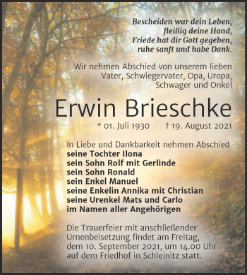 Traueranzeige von Erwin Brieschke von Trauerkombi Zeitz