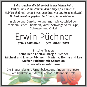 Traueranzeige von Erwin Püchner von Trauerkombi Mansfelder Land