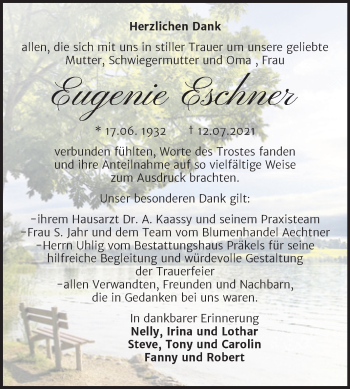 Traueranzeige von Eugenie Eschner von Trauerkombi Zeitz