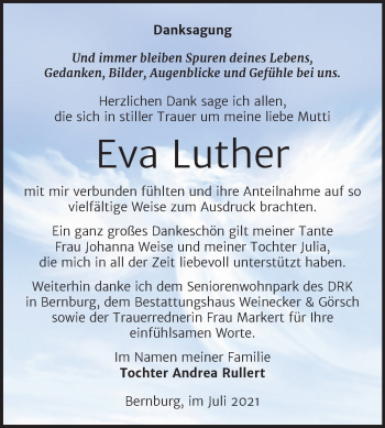 Traueranzeige von Eva Luther von Trauerkombi Bernburg