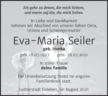 Traueranzeige von Eva-Maria Seiler von Trauerkombi Mansfelder Land