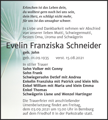 Traueranzeige von Evelin Franziska Schneider von Trauerkombi Bernburg
