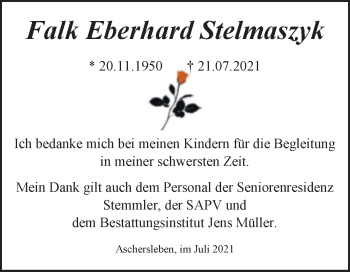 Traueranzeige von Falk Eberhard Stelmaszyk von Trauerkombi Aschersleben