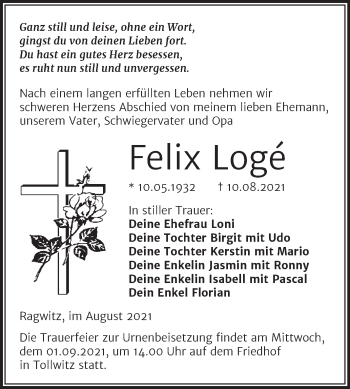 Traueranzeige von Felix Logé von Trauerkombi Merseburg