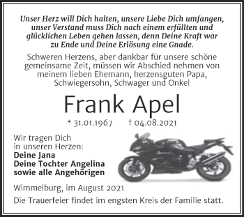 Traueranzeige von Frank Apel von Trauerkombi Mansfelder Land