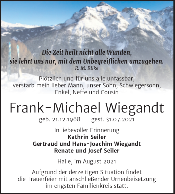 Traueranzeige von Frank-Michael Wiegandt von Mitteldeutsche Zeitung Halle/Saalkreis