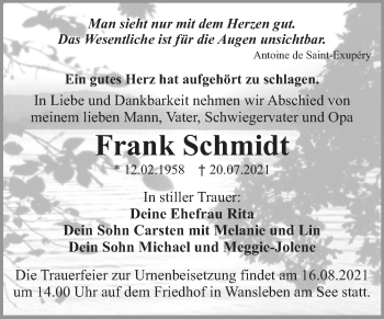 Traueranzeige von Frank Schmidt von Trauerkombi Mansfelder Land