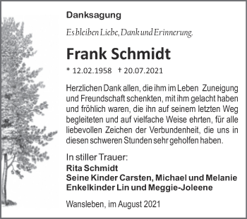 Traueranzeige von Frank Schmidt von Trauerkombi Mansfelder Land