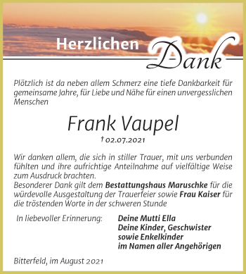 Traueranzeige von Frank Vaupel von Trauerkombi Bitterfeld