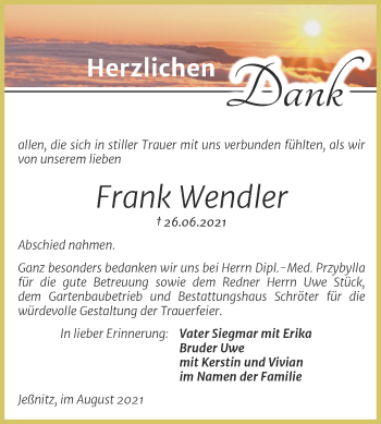 Traueranzeige von Frank Wendler von Trauerkombi Bitterfeld