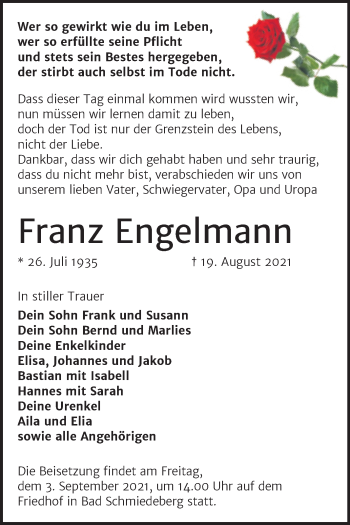 Traueranzeige von Franz Engelmann von Trauerkombi Wittenberg