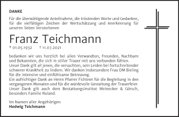 Traueranzeige von Franz Teichmann von Trauerkombi Bernburg