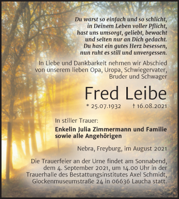 Traueranzeige von Fred Leibe von Wochenspiegel Naumburg/Nebra
