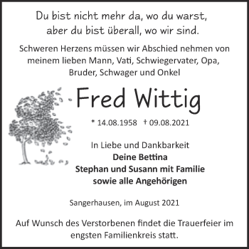 Traueranzeige von Fred Wittig von Trauerkombi Sangerhausen
