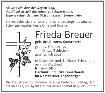 Traueranzeige von Frieda Breuer von Trauerkombi Merseburg