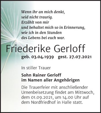 Traueranzeige von Friederike Gerloff von Mitteldeutsche Zeitung Halle/Saalkreis