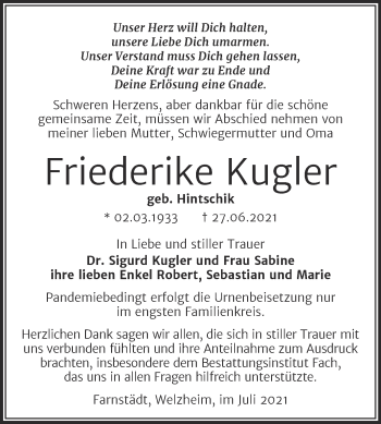Traueranzeige von Friederike Kugler von Trauerkombi Merseburg