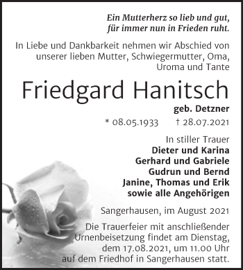 Traueranzeige von Friedgard Hanitsch von Trauerkombi Sangerhausen