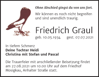 Traueranzeige von Friedrich Graul von Trauerkombi Dessau