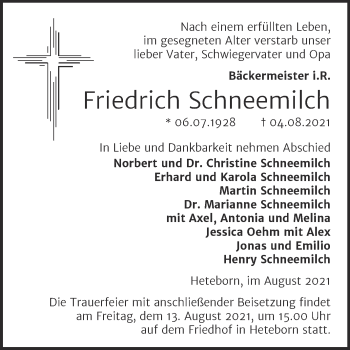 Traueranzeige von Friedrich Schneemilch von Trauerkombi Quedlinburg