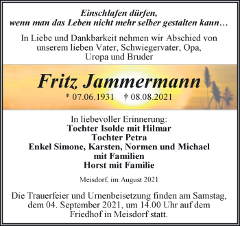 Traueranzeige von Fritz Jammermann von Trauerkombi Quedlinburg