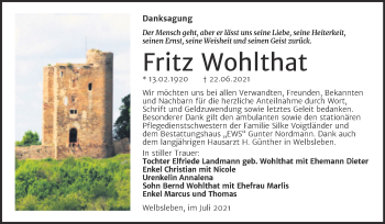 Traueranzeige von Fritz Wohlthat von Trauerkombi Mansfelder Land