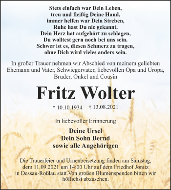 Traueranzeige von Fritz Wolter von Trauerkombi Dessau