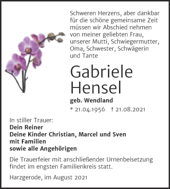 Traueranzeige von Gabriele Hensel von Trauerkombi Quedlinburg