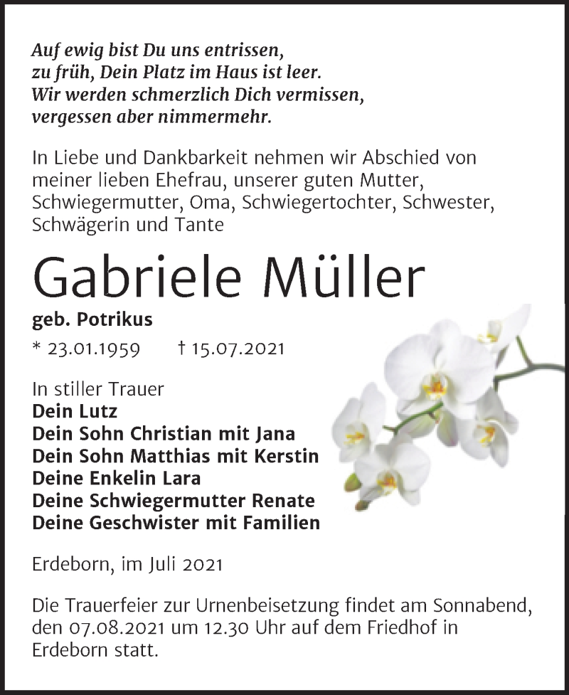  Traueranzeige für Gabriele Müller vom 31.07.2021 aus Trauerkombi Mansfelder Land