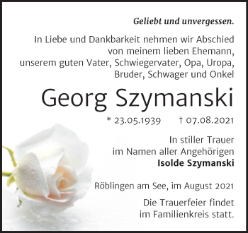 Traueranzeige von Georg Szymanski von Trauerkombi Mansfelder Land