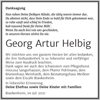 Traueranzeige von Georg Artur Helbig von Trauerkombi Sangerhausen