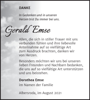 Traueranzeige von Gerald Emse von Trauerkombi Merseburg