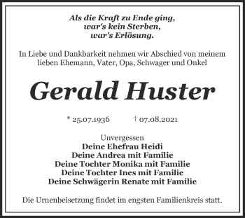 Traueranzeige von Gerald Huster von Trauerkombi Bitterfeld