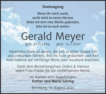 Traueranzeige von Gerald Meyer von Trauerkombi Bernburg