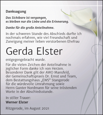 Traueranzeige von Gerda Elster von Trauerkombi Mansfelder Land