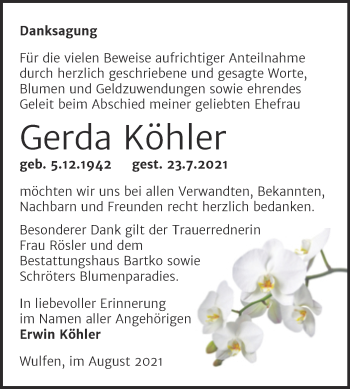 Traueranzeige von Gerda Köhler von Trauerkombi Köthen