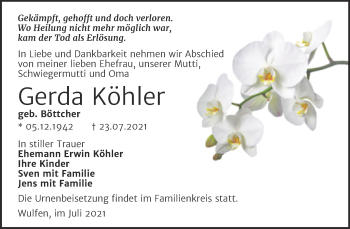 Traueranzeige von Gerda Köhler von Trauerkombi Köthen