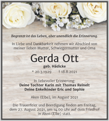Traueranzeige von Gerda Ott von Mitteldeutsche Zeitung Köthen