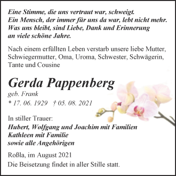 Traueranzeige von Gerda Pappenberg von Trauerkombi Sangerhausen