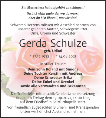 Traueranzeige von Gerda Schulze von Trauerkombi Bitterfeld