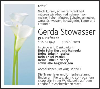 Traueranzeige von Gerda Stowasser von Trauerkombi Aschersleben