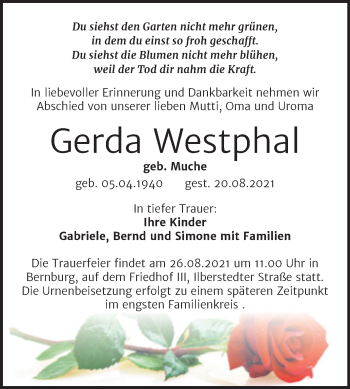 Traueranzeige von Gerda Westphal von Mitteldeutsche Zeitung Bernburg