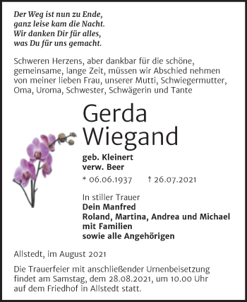 Traueranzeige von Gerda Wiegand von Trauerkombi Sangerhausen