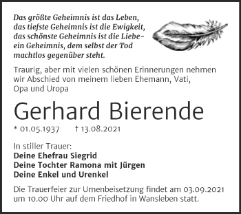 Traueranzeige von Gerhard Bierende von Mitteldeutsche Zeitung Mansfelder Land