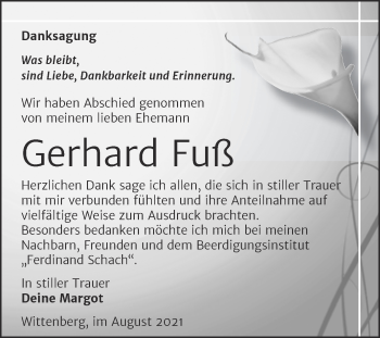 Traueranzeige von Gerhard Fuß von Trauerkombi Wittenberg
