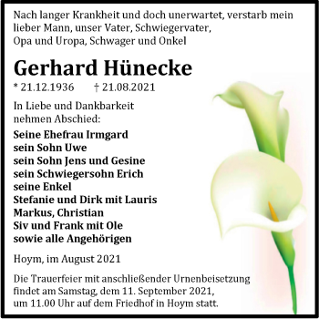Traueranzeige von Gerhard Hünecke von Trauerkombi Aschersleben