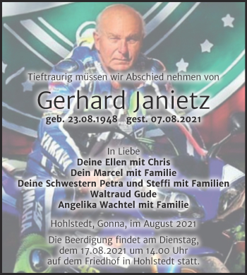 Traueranzeige von Gerhard Janietz von Trauerkombi Sangerhausen